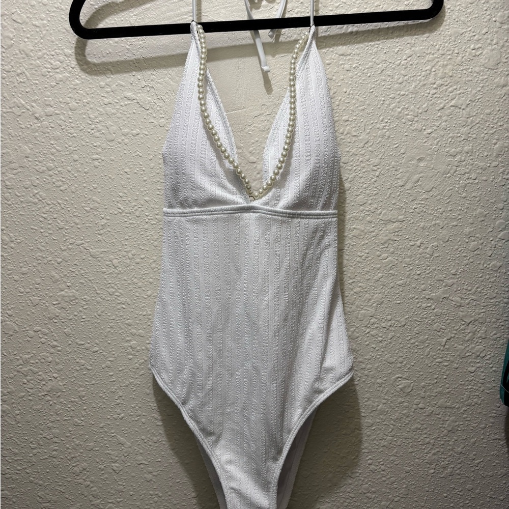 White One Piece Swimsuit with pearls